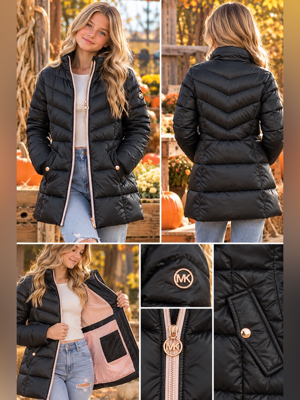 Michael Kors Girls Size 14 Black Puffer Coat Pink Lining Winter Jacket
